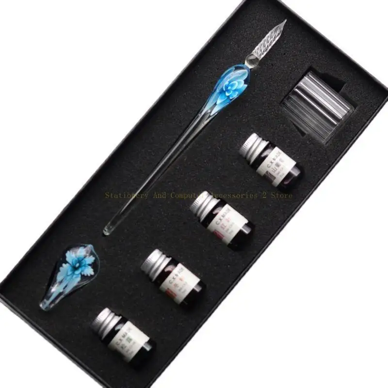 7PCS/SET Handmade Floral Glass Pen Dip Writing Pens Set for School