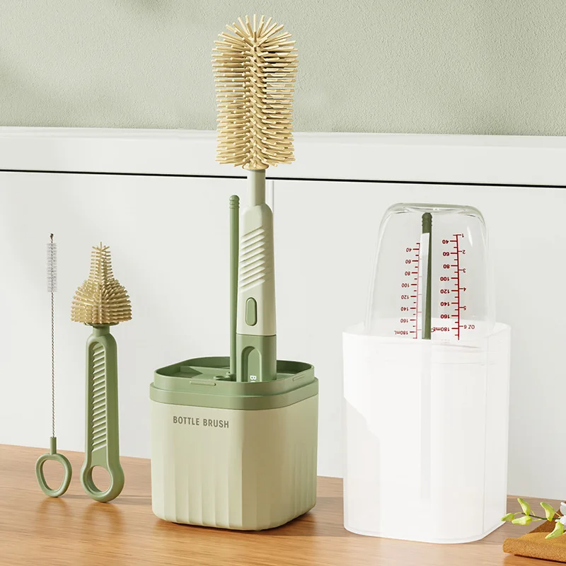 

Multi-functional straight-handle silicone bottle brush for nipple cleaning, baby bottle and cup cleaning set