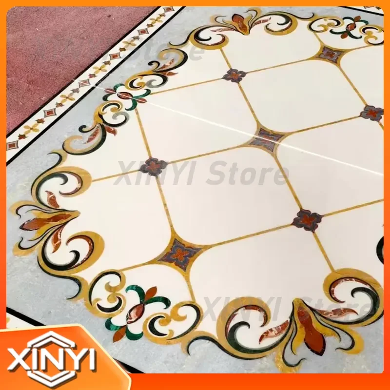 Luxury Water Spray Marble Medallion Flower Pattern Stair Floor Tile Design Beige Marble Inlaid Villa Home Floor for Interior