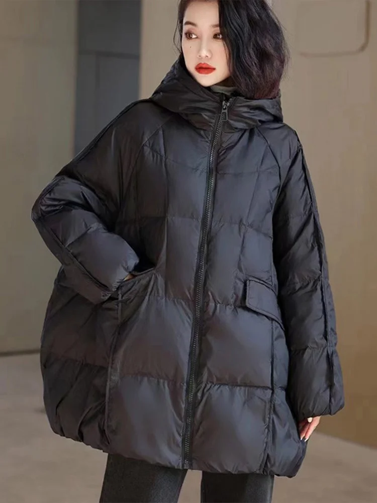 

Women's Winter Thiened Large Size Cotton Jaet Loose Fit Mid-Length Korean Sle Commute Pure Color Hooded Zipper Closure