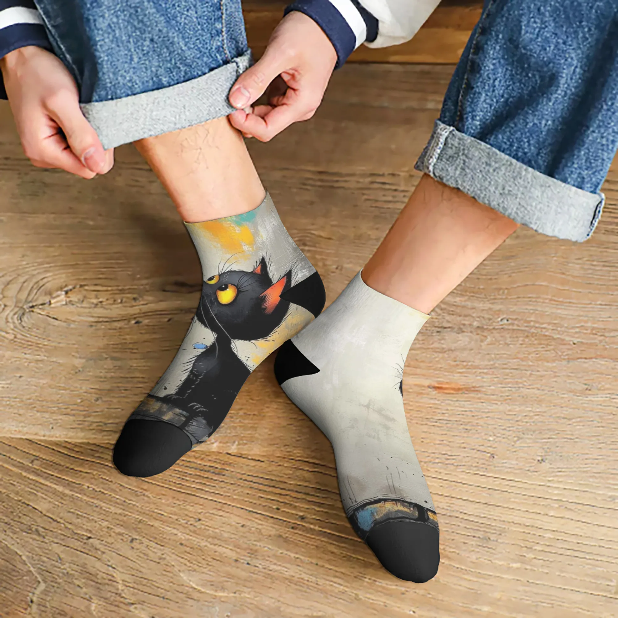 Zwarte Kat Print Korte Sok Polyestermix Comfortabele Casual Sokken voor Dames Heren Unisex Zacht Ademend Lichtgewicht Modieus