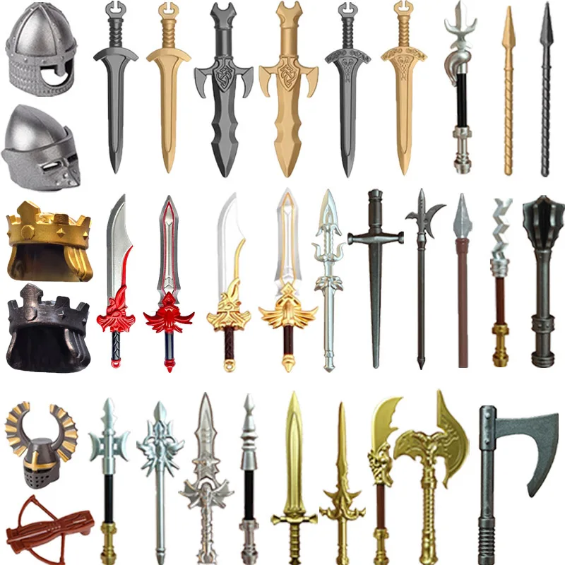 MOC Building Blocks Medieval Military Solider Figures Knights Weapons Accessories Helmet Sword Spear Bow Axe Mini Bricks Toys