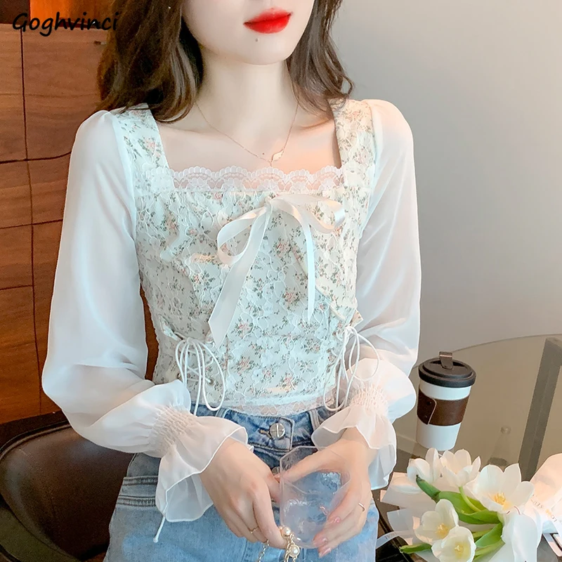 Women Blouse Lace-up Bow Square Collar Trendy Sweet Casual Cropped Slim Fit Korean Fashion Charming Elegant Prevalent Spring