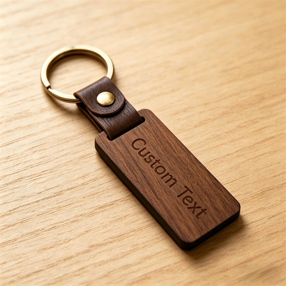 Custom Text Solid Wood Leather Keychain, Personalized Name Key Ring