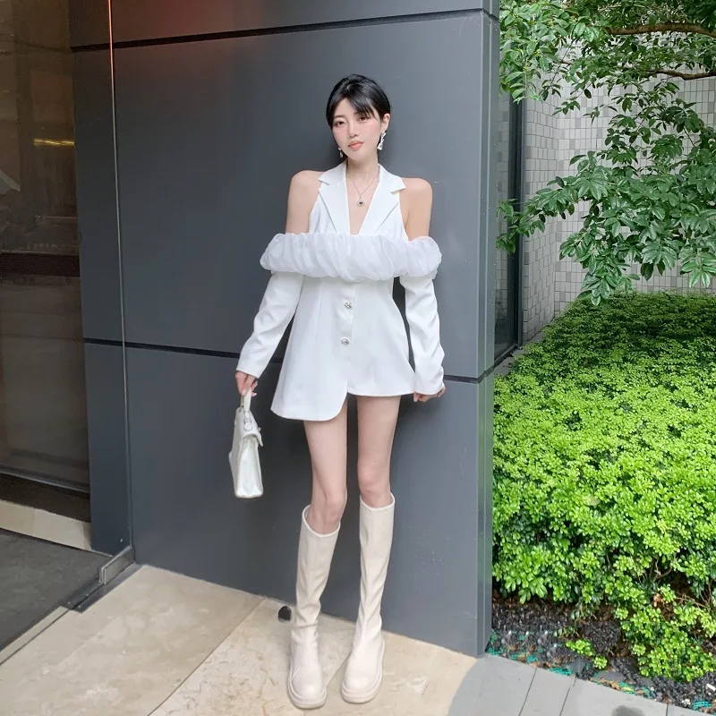 Spring Autumn Temperament Wrapped High Waist Long Sleeve A-Line Irregular Suit Sexy Off Shoulder White Dress Women