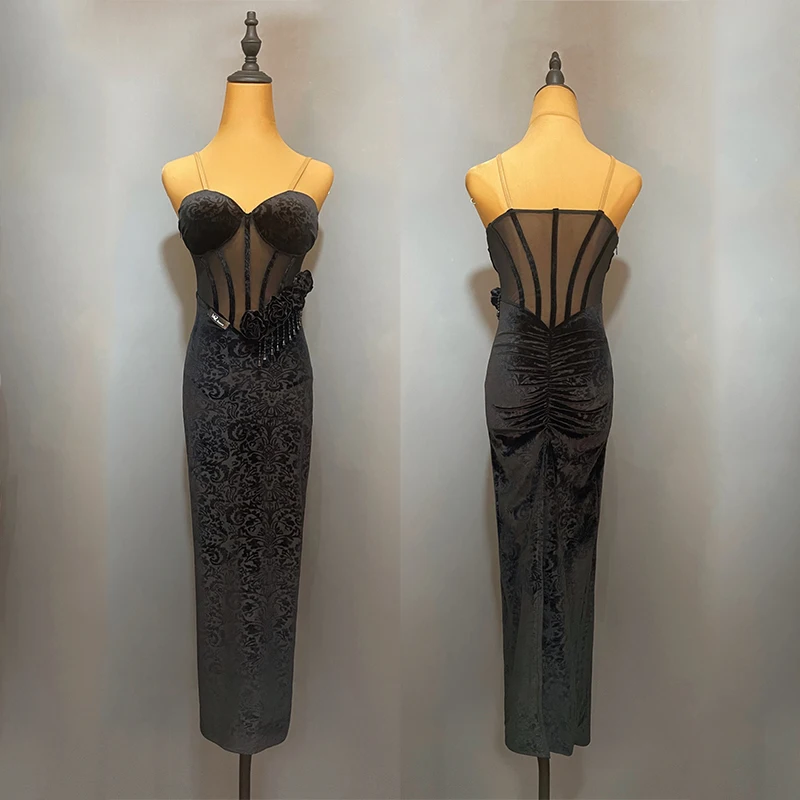 

Black Velvet Flower Latin Dance Dress Women Ballroom Dance Competition Dress Rumba Tango Dance Costume Adult Sexy Dress JL5431