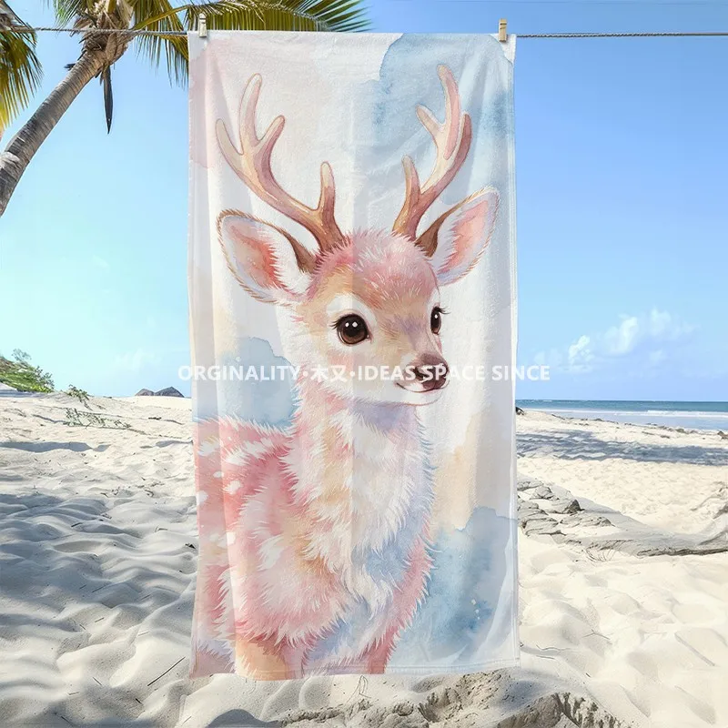 

Watercolor Cute Deer Beach Towel Patterned Sunscreen And Windproof Suitable For Swimming Pool Camping Travel