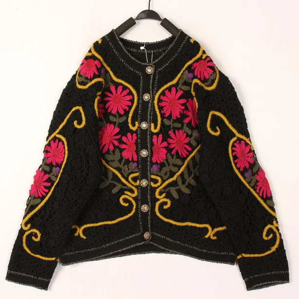 

Винтажный двухслойный ажурный вязаный шерстяной свитер для женщин в ретро-стиле с вышивкой, в богемном стиле, теплый, с длинными рукавами