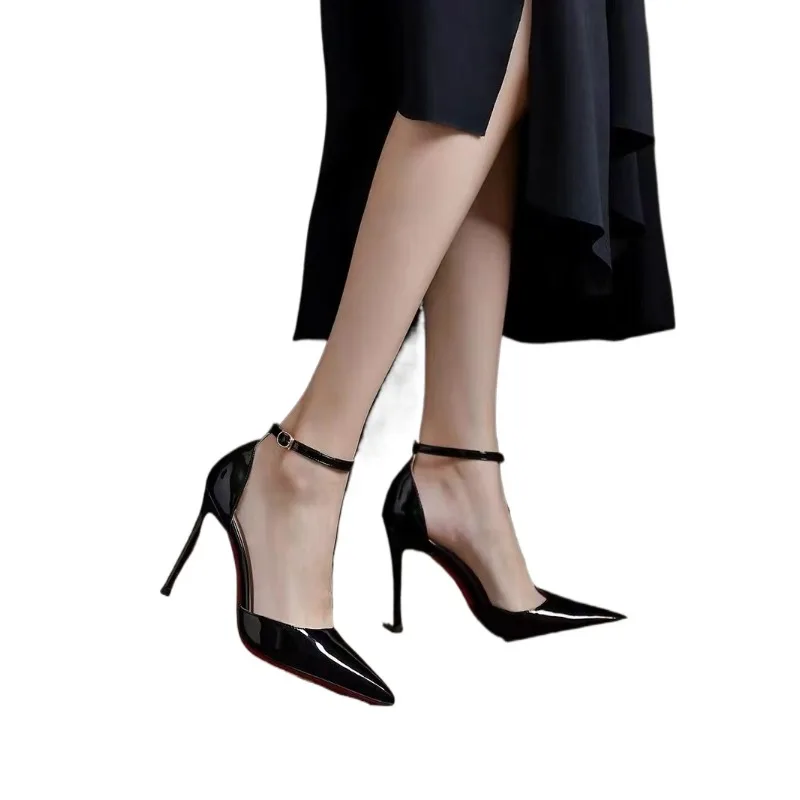 New summer black thin heeled professional high heels for women, pointed and sexy one-piece buckle toe sandals