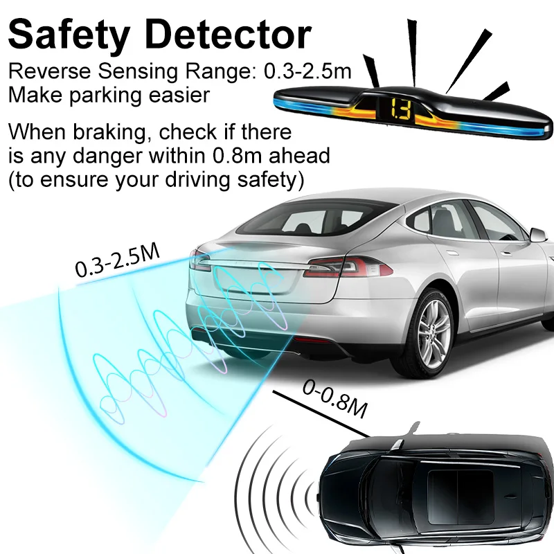 8-Sensor LED Strip Parking Radar, 5 Voice Options (EN/RU/ES/TR/Beep), 22mm Probes & 12-Color Display for Safe Reverse