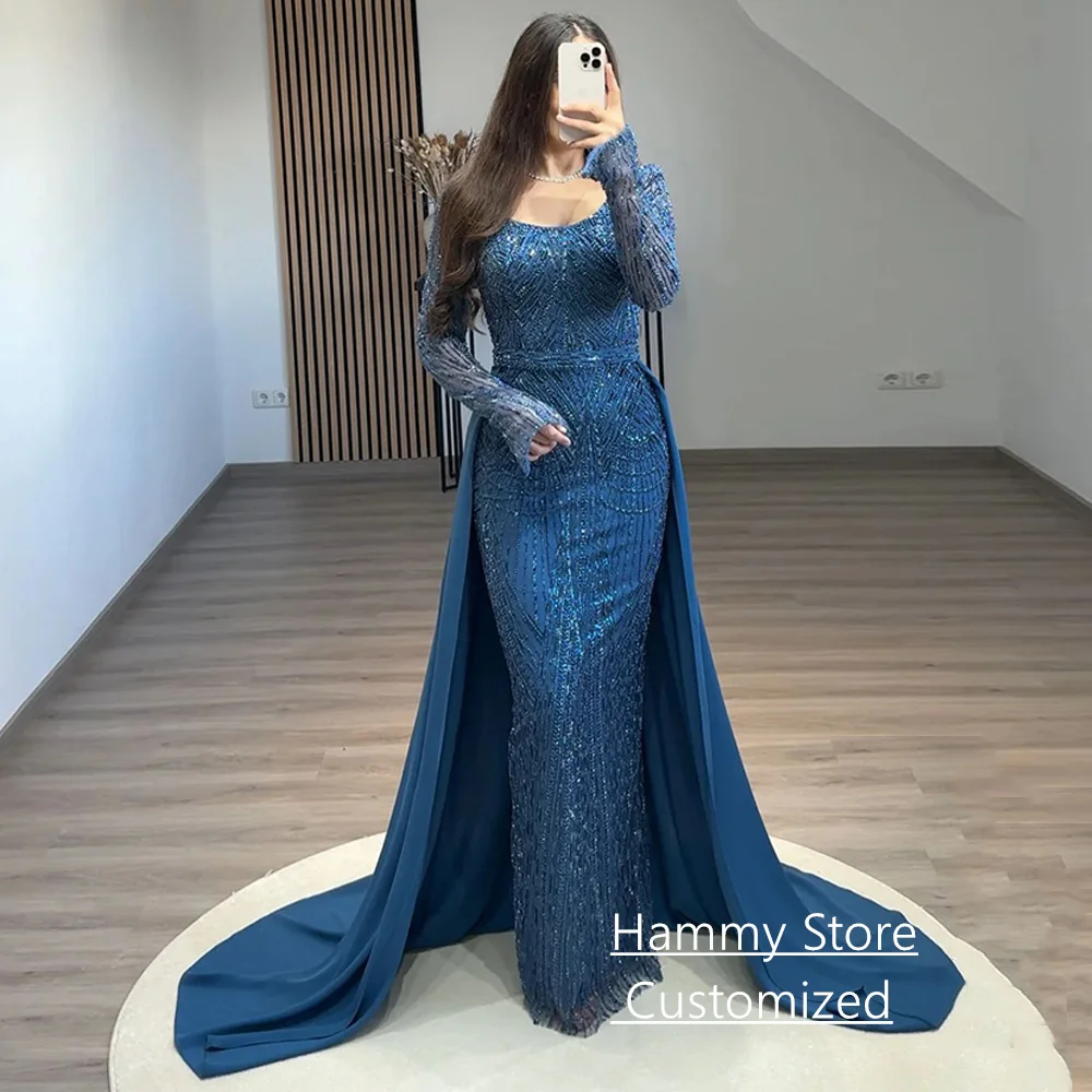 Ballkleid mit abnehmbarer Schleppe, maßgeschneidert, U-Ausschnitt, volle Ärmel, Perlenstickerei, glitzernde Spitze, Abendkleider, Partykleider
