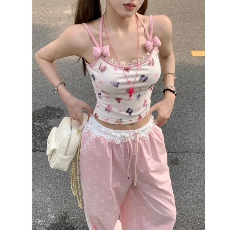 2024 Summer New Sexy Suspender Spicy Girl Slim Fit Sweet Trendy Sleeveless Bow Cute Puppy Avatar Printed Bodycon Camis Top