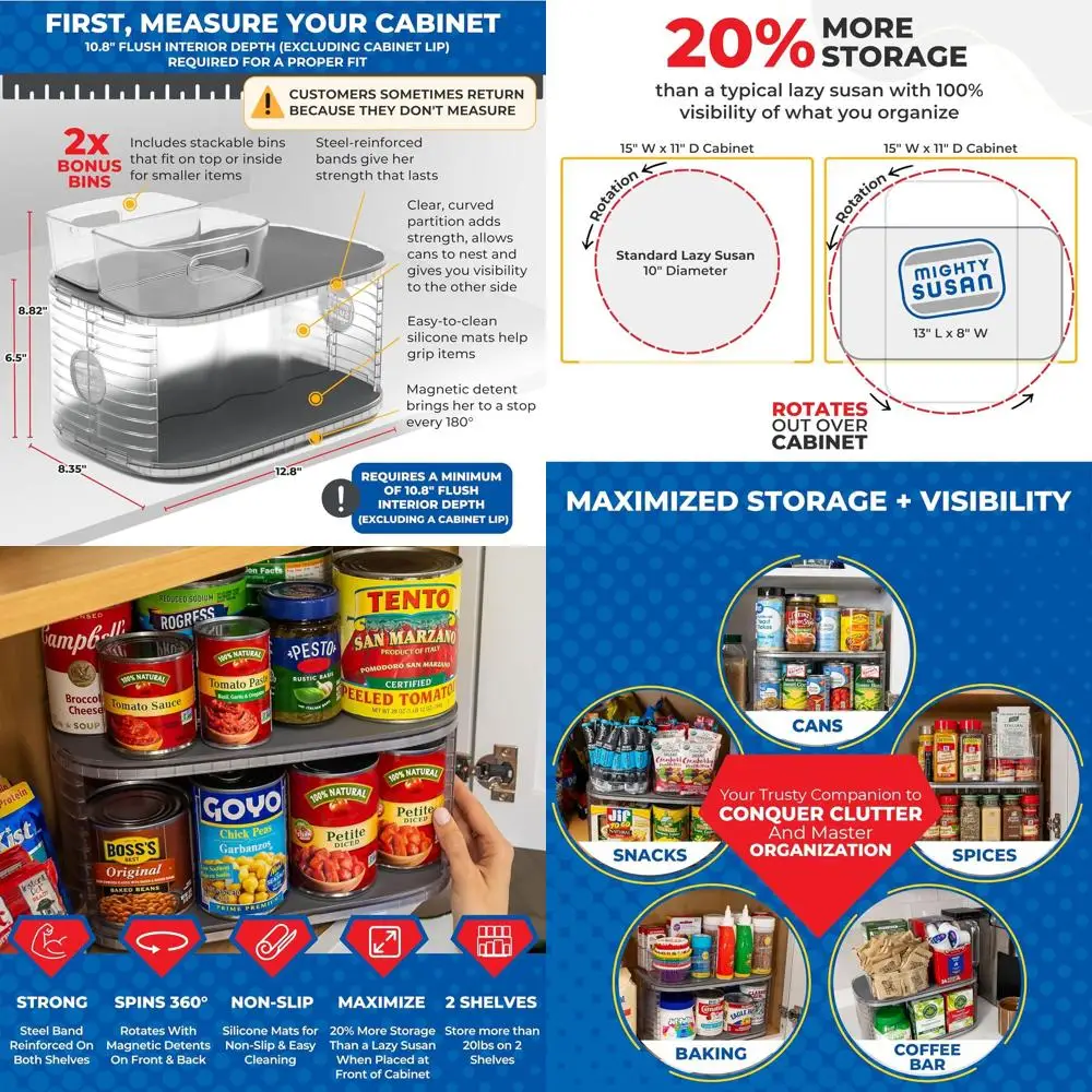 

Двухуровневый вращающийся органайзер для консервов повышенной прочности с дополнительными контейнерами, вместимостью до 30 фунтов