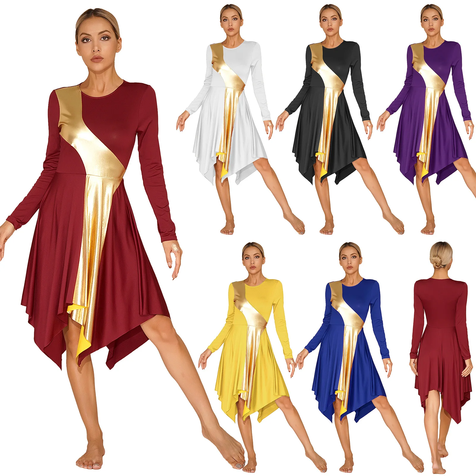 Metallic liturgical Lob Tanz kleid Frauen Erwachsene Langarm lyrische Tanz kleidung Farb block Kirche Robe Anbetung Bühne Kostüme