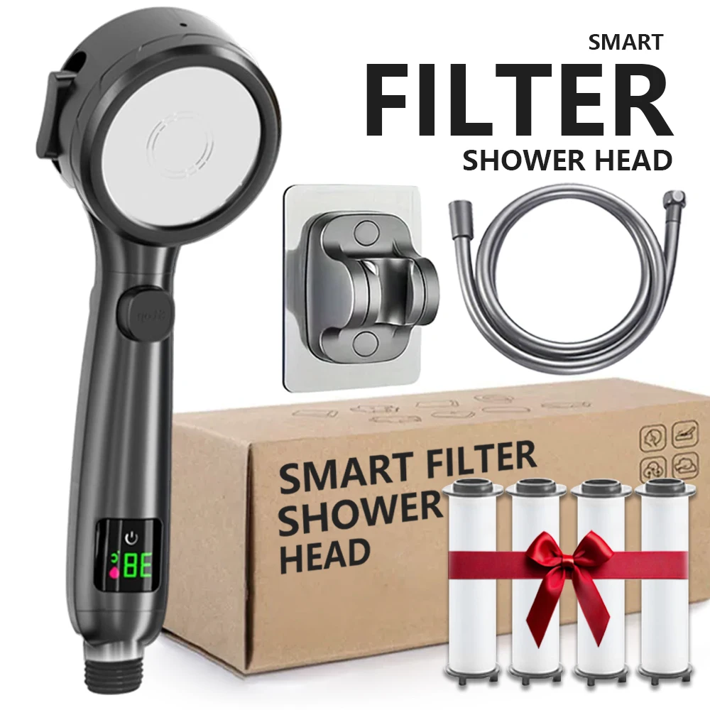 

Filter High Pressure Handheld Shower Head Filtered Water Bathroom with LED Digital Temperature Water Hose and Filter Cartridge