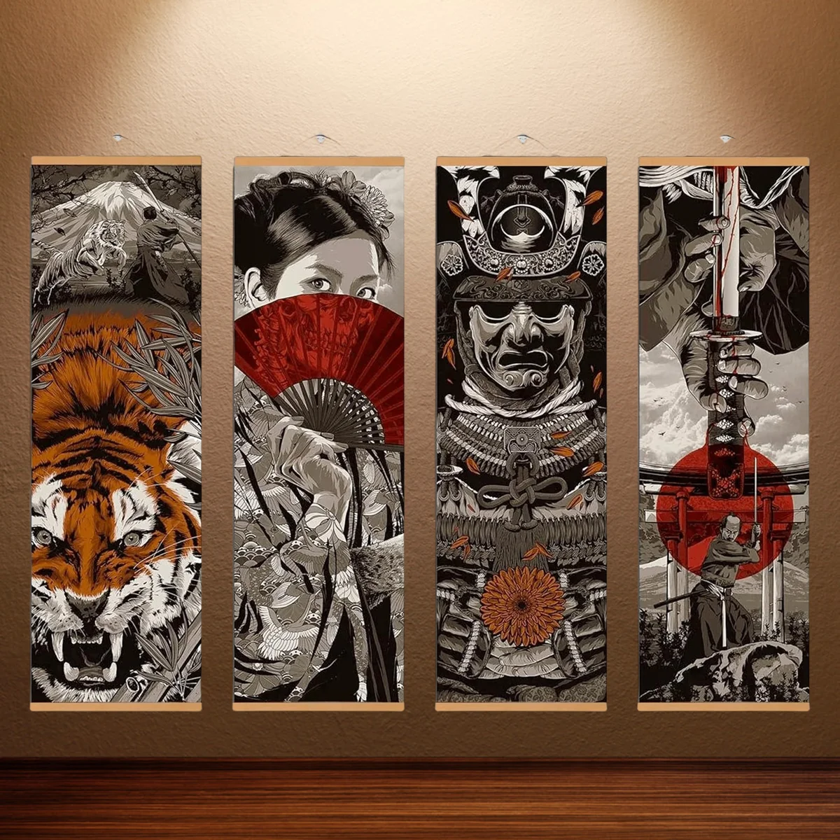 Japanese Ukiyo‑e Wall Hanging Scroll Tiger Samurai Geisha Katana Wooden Hanging Poster Oriental Style Living Room Wall Art Deco