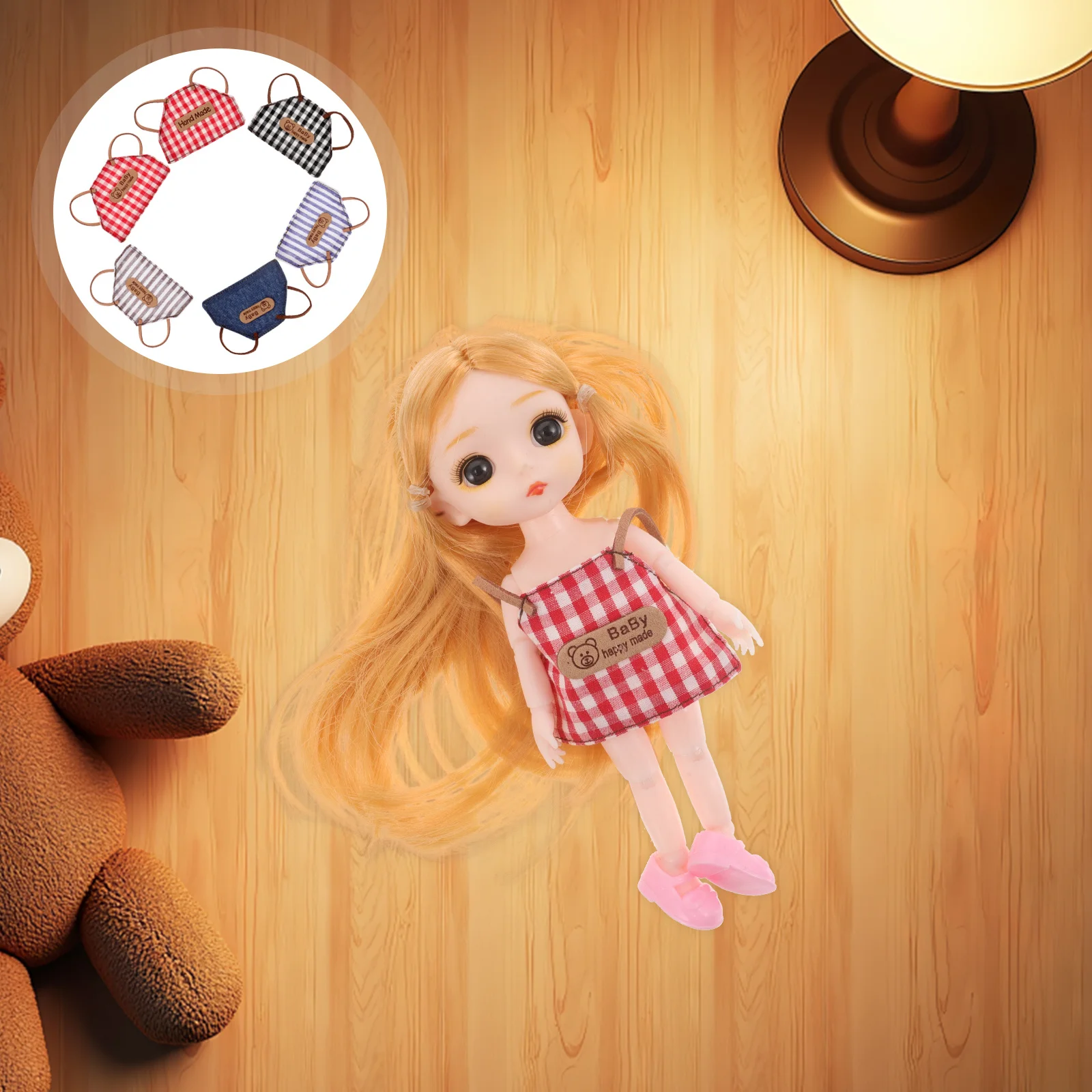 

6Pcs Wool Material Handmade Apron for Mini Vintage Denim Checkered Pattern DIY Craft Outfit Retro Style Dress Up Accessory