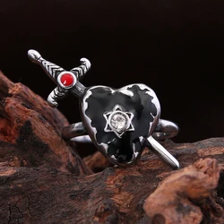 Gothic Vintage Arrow Through Black Heart Ring With Stone 316L Stainless Steel Fashion Creative Couple Jewelry Gifts Dropshipping