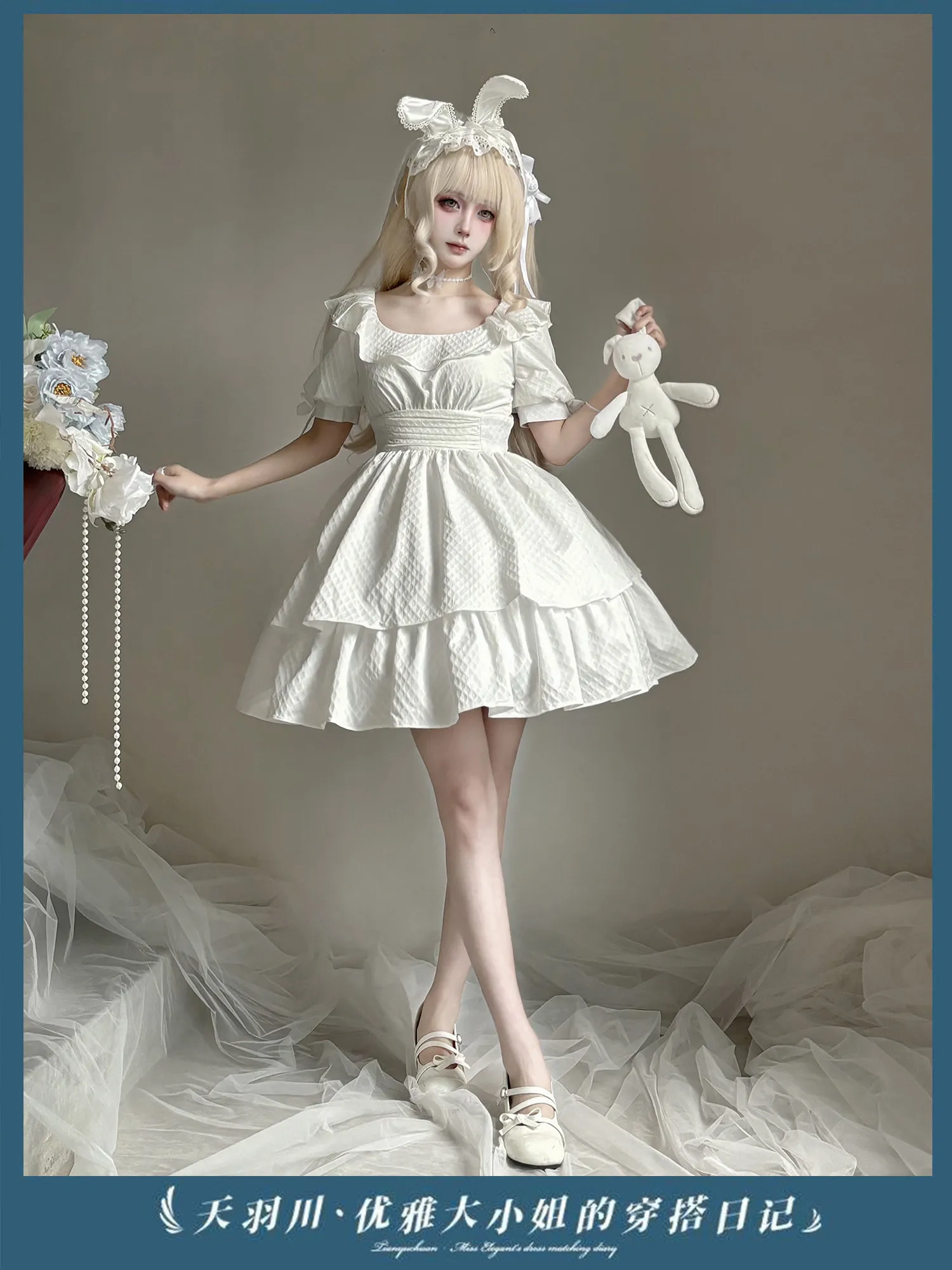 

Original Miss Petty Elegant White Lolita Dress Women's Summer Puffy Sleeve Layered Ruffle Mini Dress