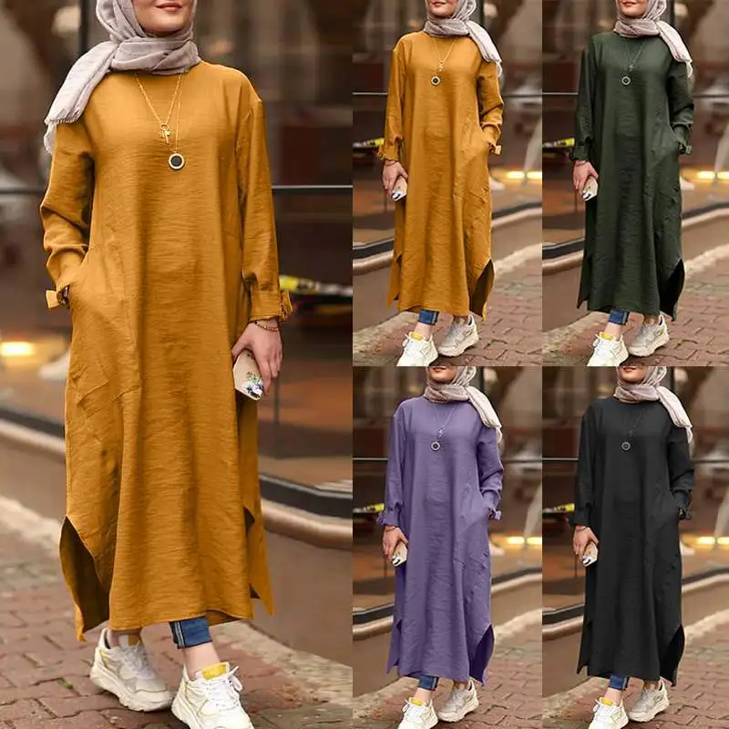 

2025 NEW Muslim Abayat Round Neck Solid Color Long Sleeve Abayas for Women Middle East Arab Türkiye Islamic Women's Dress