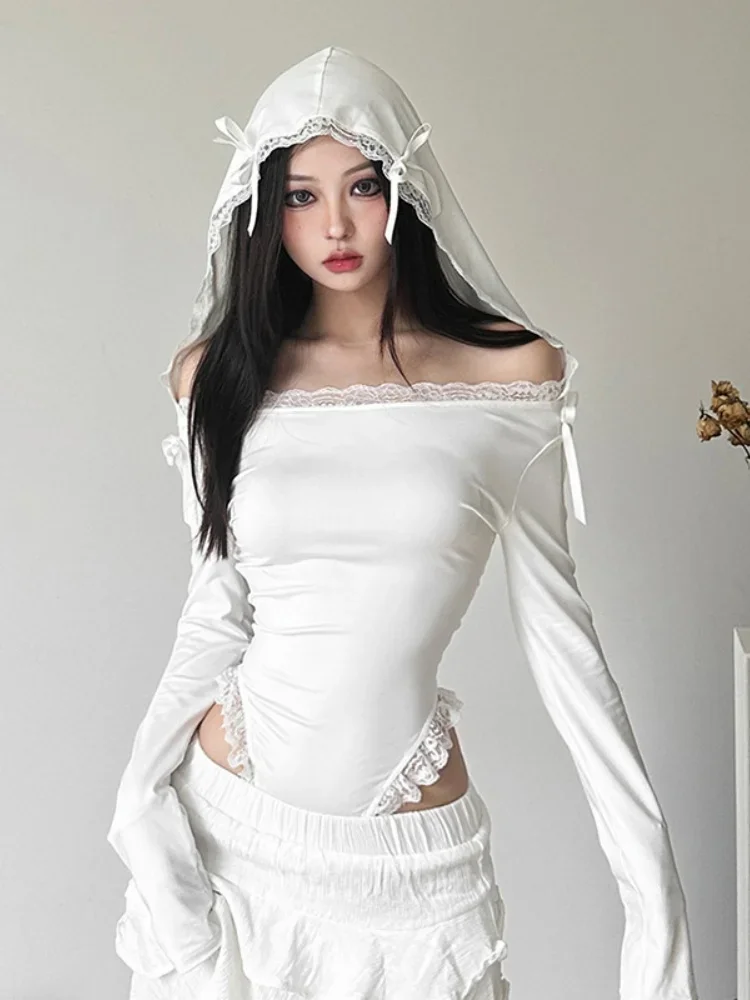 Hooded Sexy Bodysuit Lingerie Bow One-Pieces Body Feminino White Slim Bustier Long Sleeve Fashion Trends Women Clothing Autumn