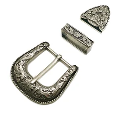 Western Retro Floral Engraved Antique Belt Buckle Set 3pcs Fits 38mm Belt Decor Metal Belt Head Belt Loop Belt Tail