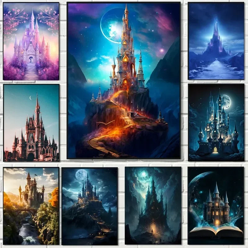 1pc frameless Canvas Painting Fairytale Princess Castle Night Scene Dream Building Landscape Art Canvas Painting Wall Posters Ch