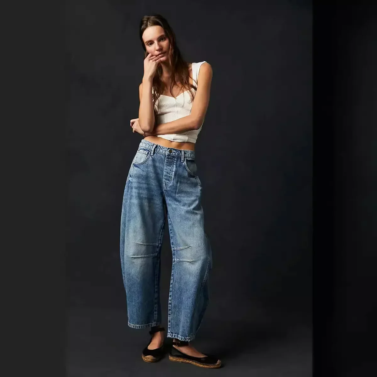 Women Loose Mid Waist Jeans Denim Full Length Pants Sexy Fashion Solid Color Trousers Denim Pockets Bleached