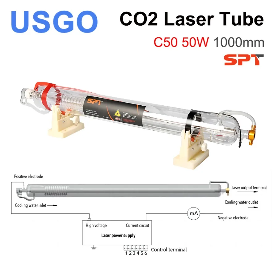 

USGO SPT C50 50-70W Co2 Laser Tube Length 1000mm Diameter 50mm for CO2 Laser Engraving Cutting Machine