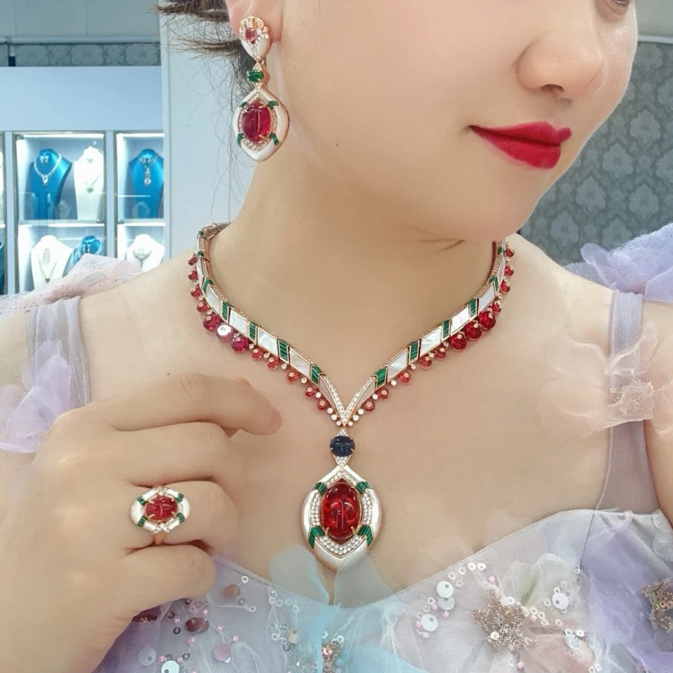 

Eyer Luxury Wedding Jewelry For Women Lady Inlay AAA Cubic Zircon Peach Heart Shaped Drop Earrings Pendant Necklace Jewelry Sets