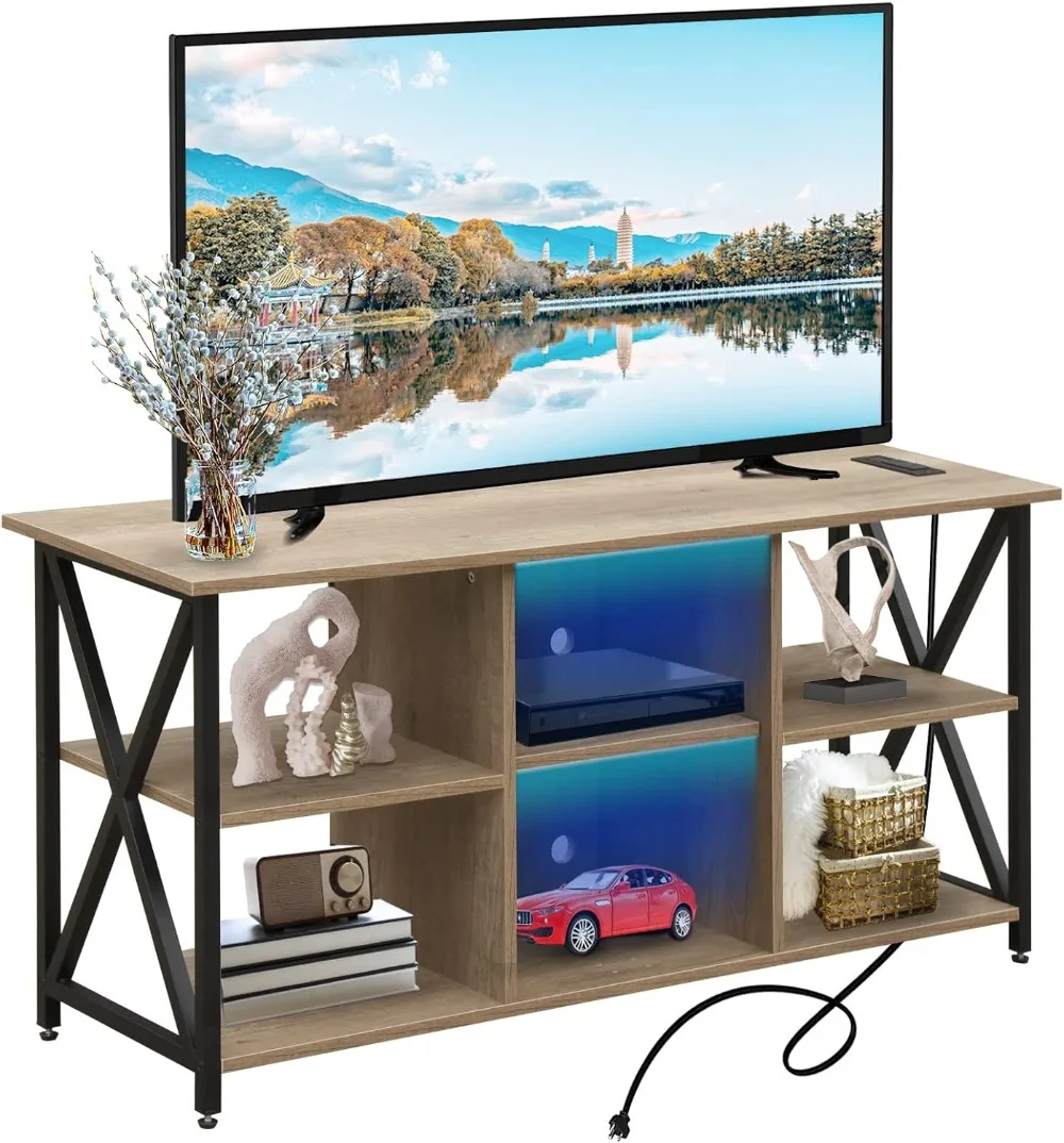 For TVs Up To 55 Inch, TV Stand with Power Outlets and LED Lights,  Entertainment Center Media Console  for Living Room