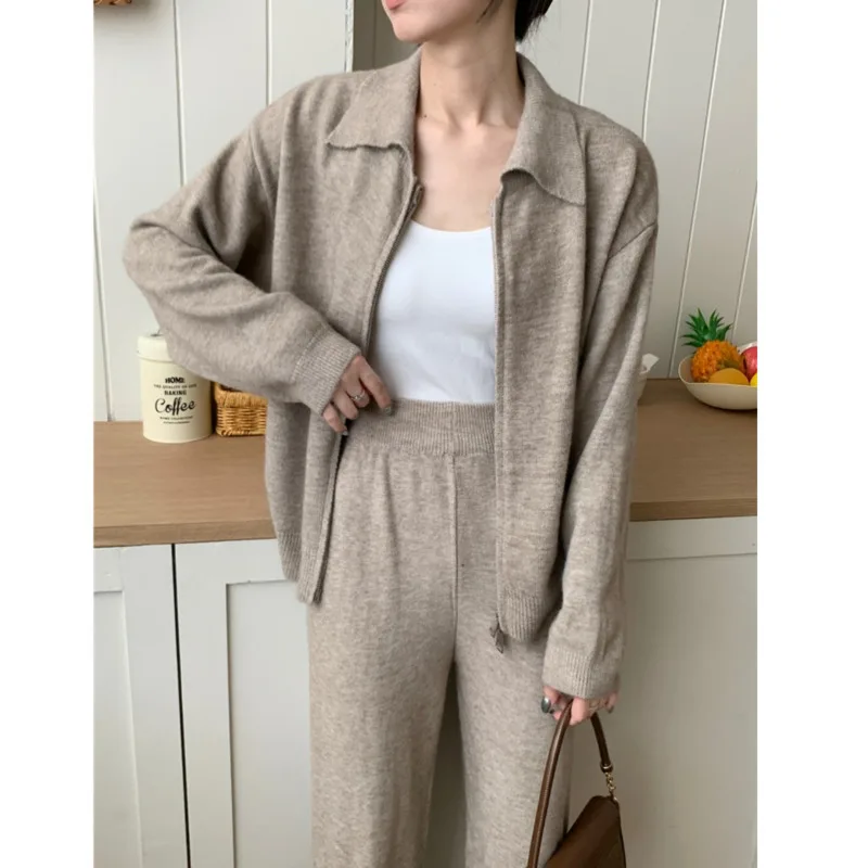 Fall Winter Knitted Tracksuits For Womens Outfits Korean Casual Long Sleeve Zipper Cardigans+wide Leg Pant Sets Women Clothing