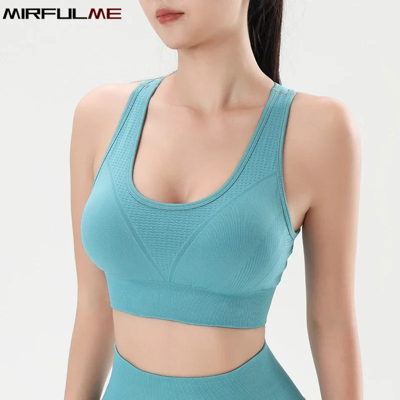 Women Sport Bra Embossed Yoga Underwear High Impact Shockproof Brassiere Padded Running Tank Tops Quick Dry Gym Fitness Vest Top