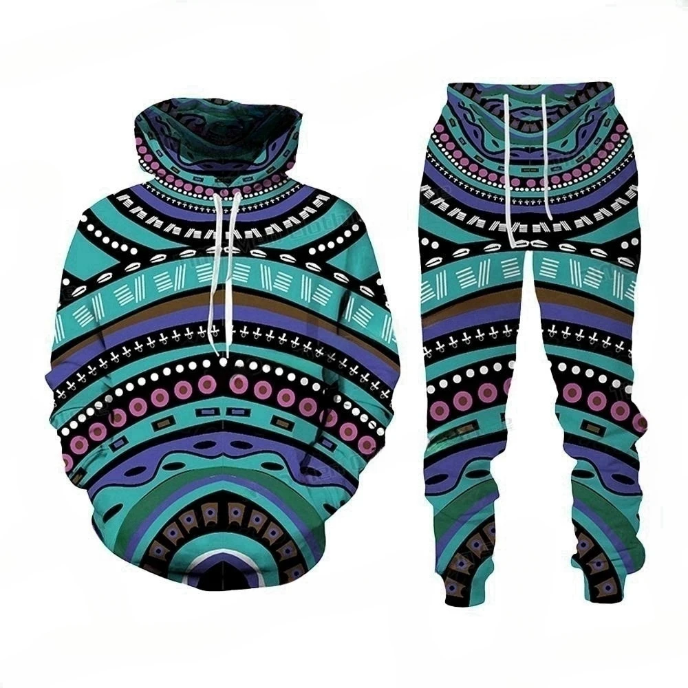 Autumn Winter Men Tracksuit Set Vintage African Style Totem Print Hoodie 2 Piece Man Oversized Casual Hooded Pullover Pants Suit