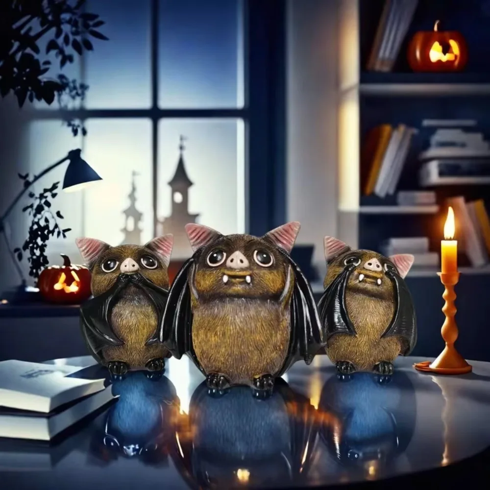 3PCS Set Halloween Bat Statues Resin Gothic Spooky Desk Ornament Party Gift Halloween Decor Figurine Home Decoration Accessories