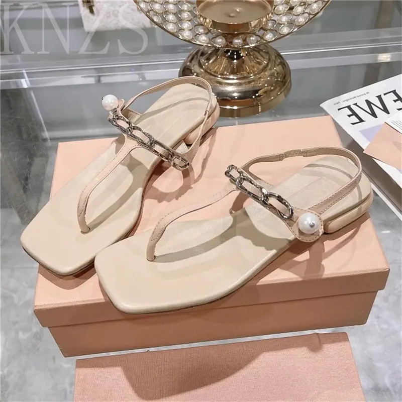 

Summer New Pinch Toe Sandals Fashion Square Toe One Line Strap Women Shoes Genuine Leather Concise Pearl Decor Casual Flats 2024