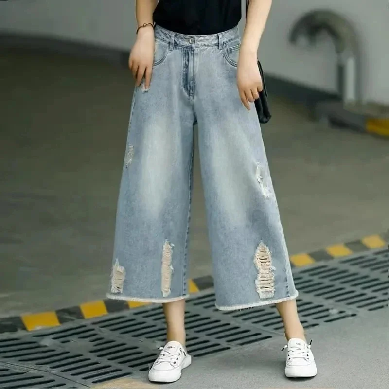 

2024 Summer Women Hole Jeans Retro Style High Waisted Ladies Cowboy Pants Loose Leisure Lady Seven Points Denim Wide-Leg Pants