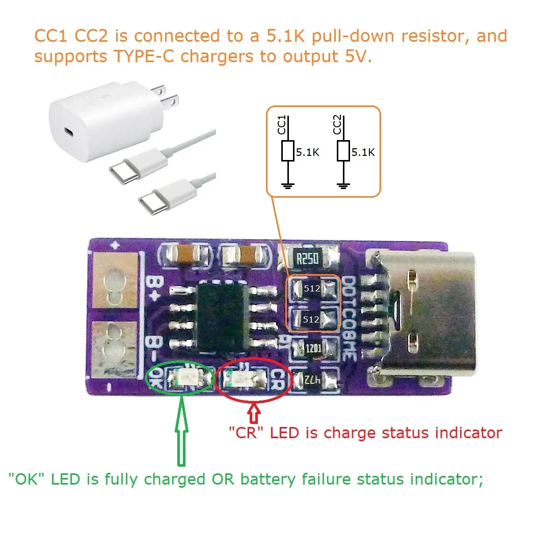 Type-C PD QC FCP USB 1A 4.2V Li-ion Li-Po Lithium Battery Buck Charger DDTC08ME For 3.7V 18650 Cell Phone Battery
