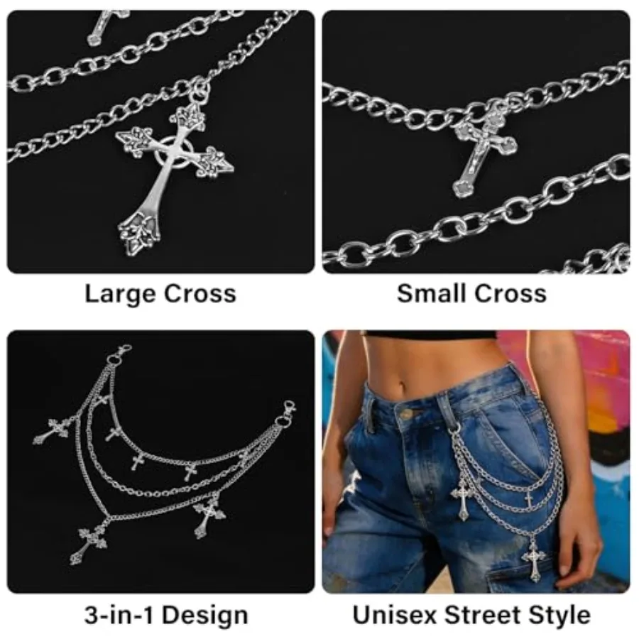 Pants Chain Waist Chain, 3 Layered Silver Cross Punk Chain Belt, Hiphop Gothic Jeans Chain Streetwear Accessories view 4
