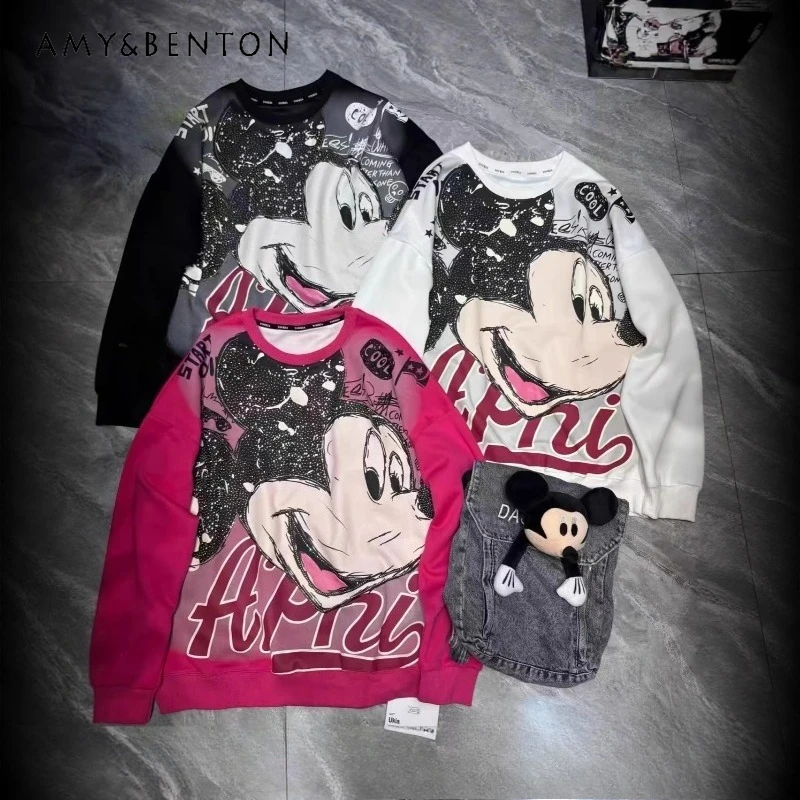 เสื้อฮู้ดแฟชั่นฤดูหนาวแบบใหม่ สไตล์โอเวอร์ไซส์ หลวมๆ น่ารัก ลายการ์ตูนอุตสาหกรรมหนัก ตัดต่อผ้าฟลีซ อุ่นสบาย