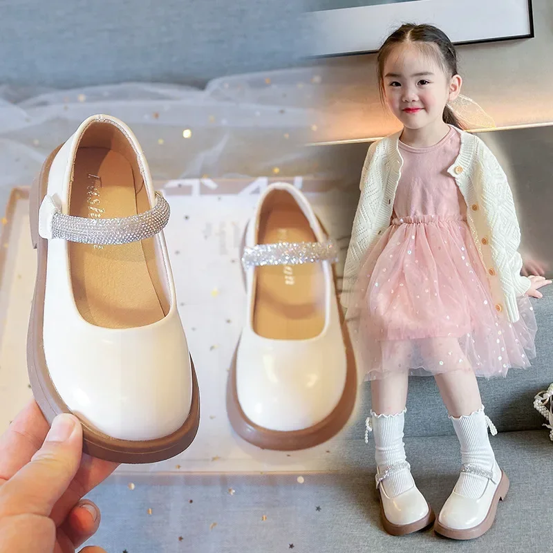 Summer New Little Girls' Rhinestone Simple Style Performance Children's Solid Low Heel Small Leather Shoes