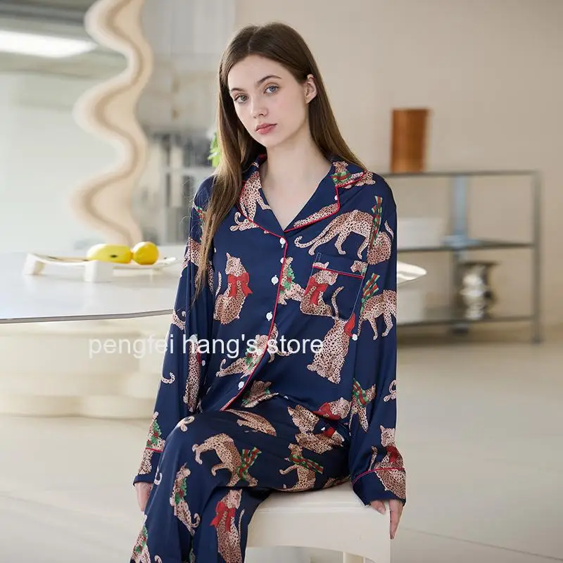Women Spring Ice Silk Cool Touch Pajama Set Wearable Outside Long Sleeve Homewear Sleepwear Loungewear Suit 3