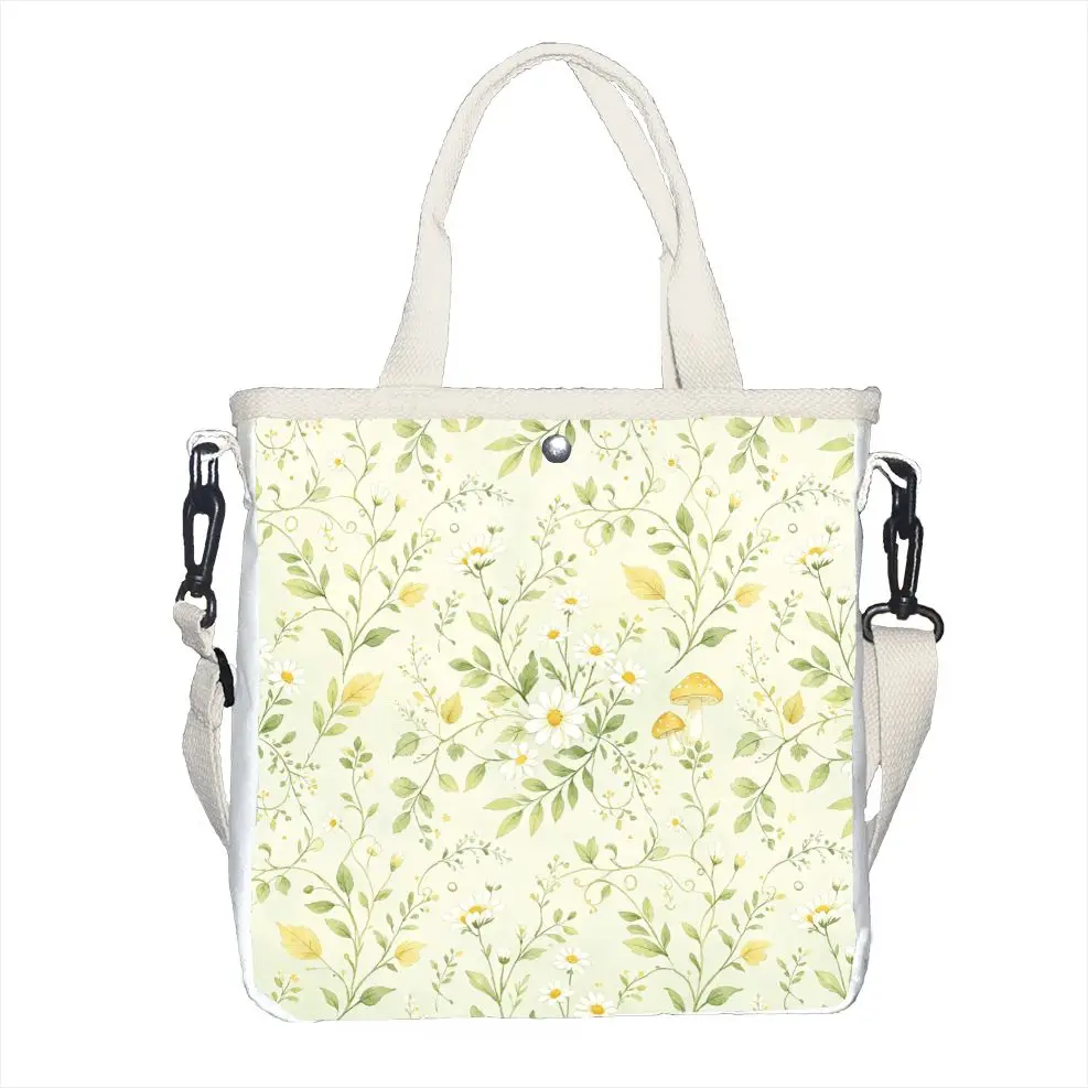 Soft Green Daisy & Vine Print Tote Bag, Adjustable Strap Pastel Floral Shoulder Bag