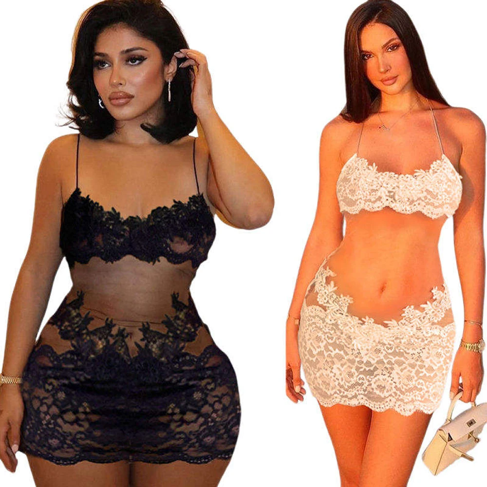 Sexy Spaghettiträger-Minikleid aus transparentem Mesh mit floralen Spitzenapplikationen, durchsichtiges, figurbetontes kurzes Kleid für Damen, Party- und Nachtclub-Outfit – Detail 1
