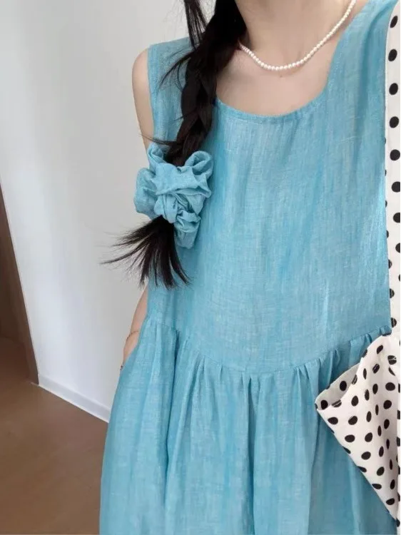 Korean Style Sleeveless Vest Dress Women's Summer Fashion Drawstring Waist Long Dress A-Line Skirt round Neck Pure Color