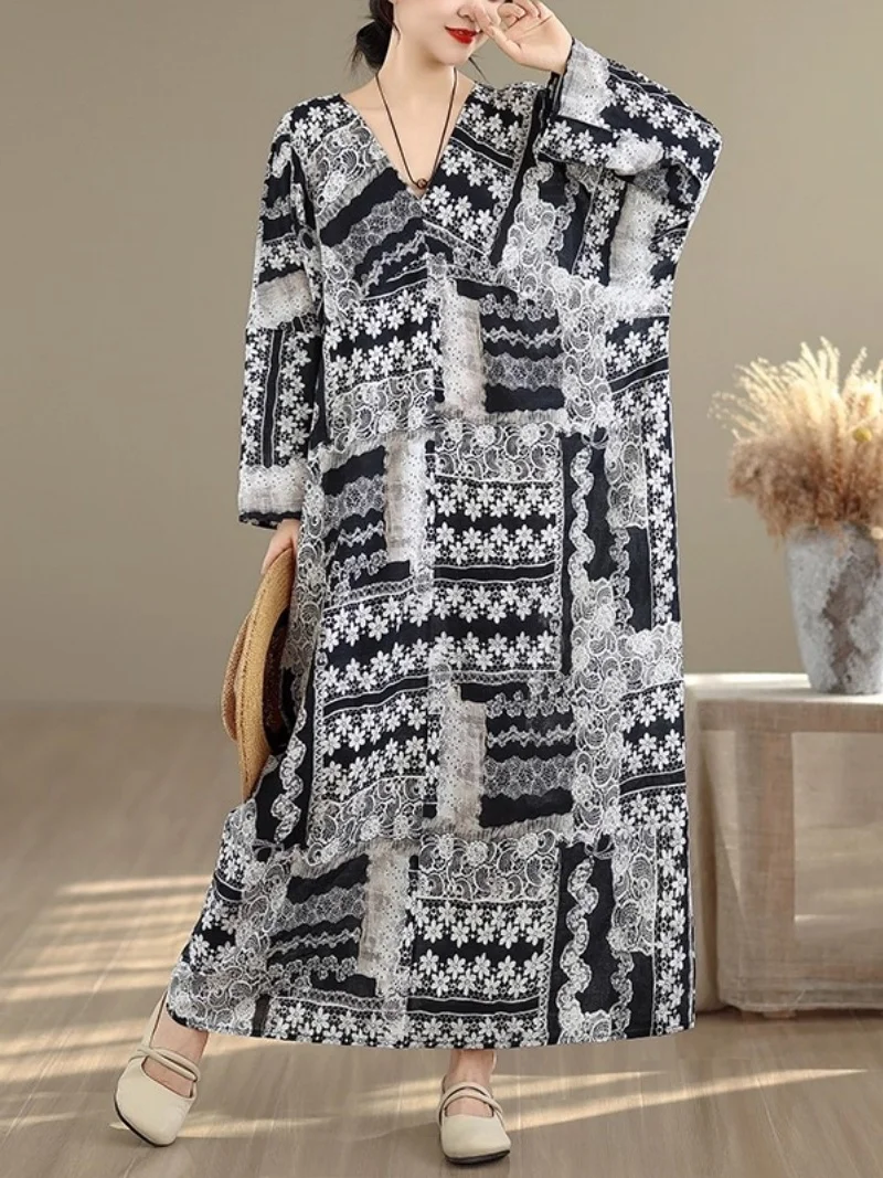 

Женское свободное длинное платье с защитой от солнца и v-образным вырезом | Утягивающее платье макси с принтом, тонкая хлопково-льняная ткань w1855