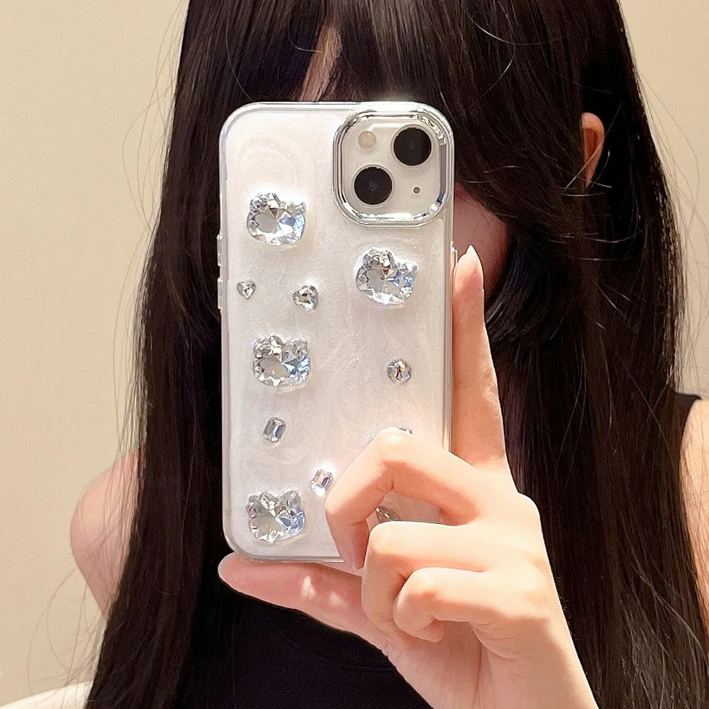 Casing bening hati kucing kartun berlian berkilau lucu Korea untuk iPhone 15 14 13 12 11pro Max penutup lunak pelindung lensa cinta berlian imitasi