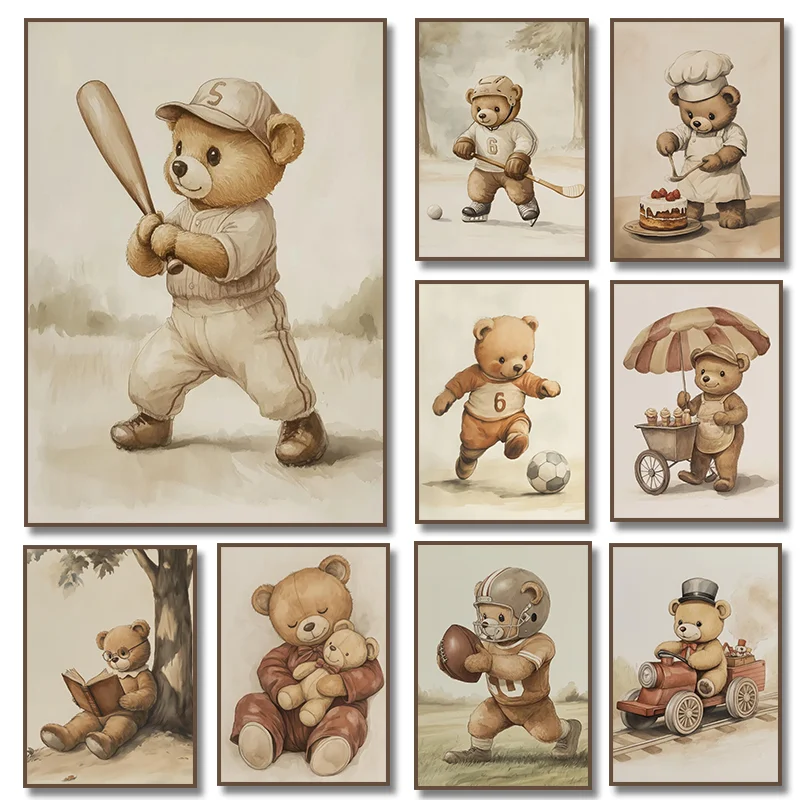 Cute Teddy Bear Reading Playing Soccer Football Baseball  Poster Canvas Painting Print Animal Nursery Wall Art Home Decor