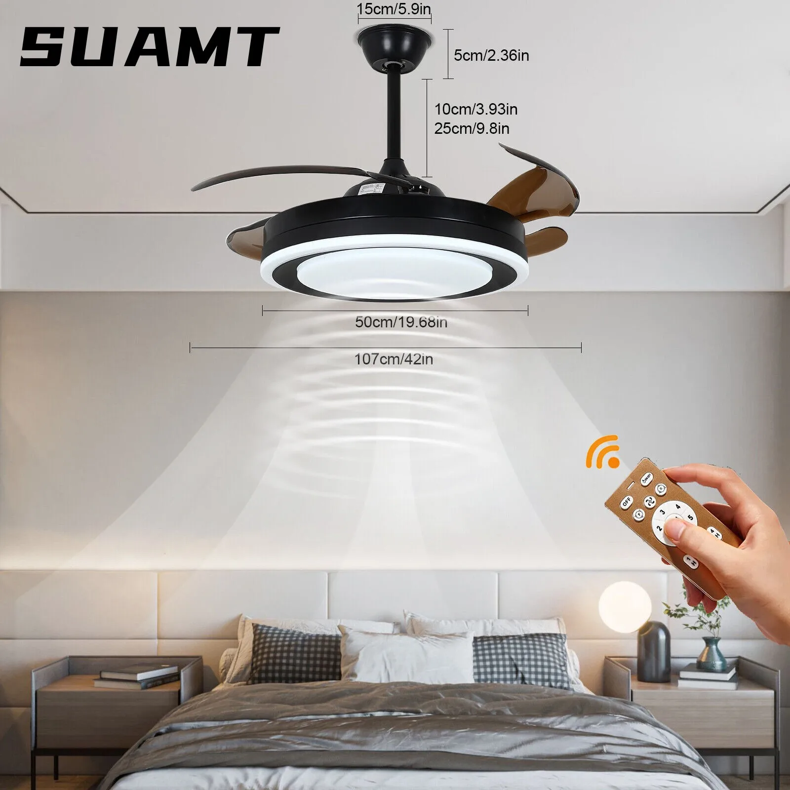 Home Decor Ceiling Fan Light Remote Control LED Chandelier Lamp 42 Inch Retractable Ceiling Fans with Lights for Bedroom/Living