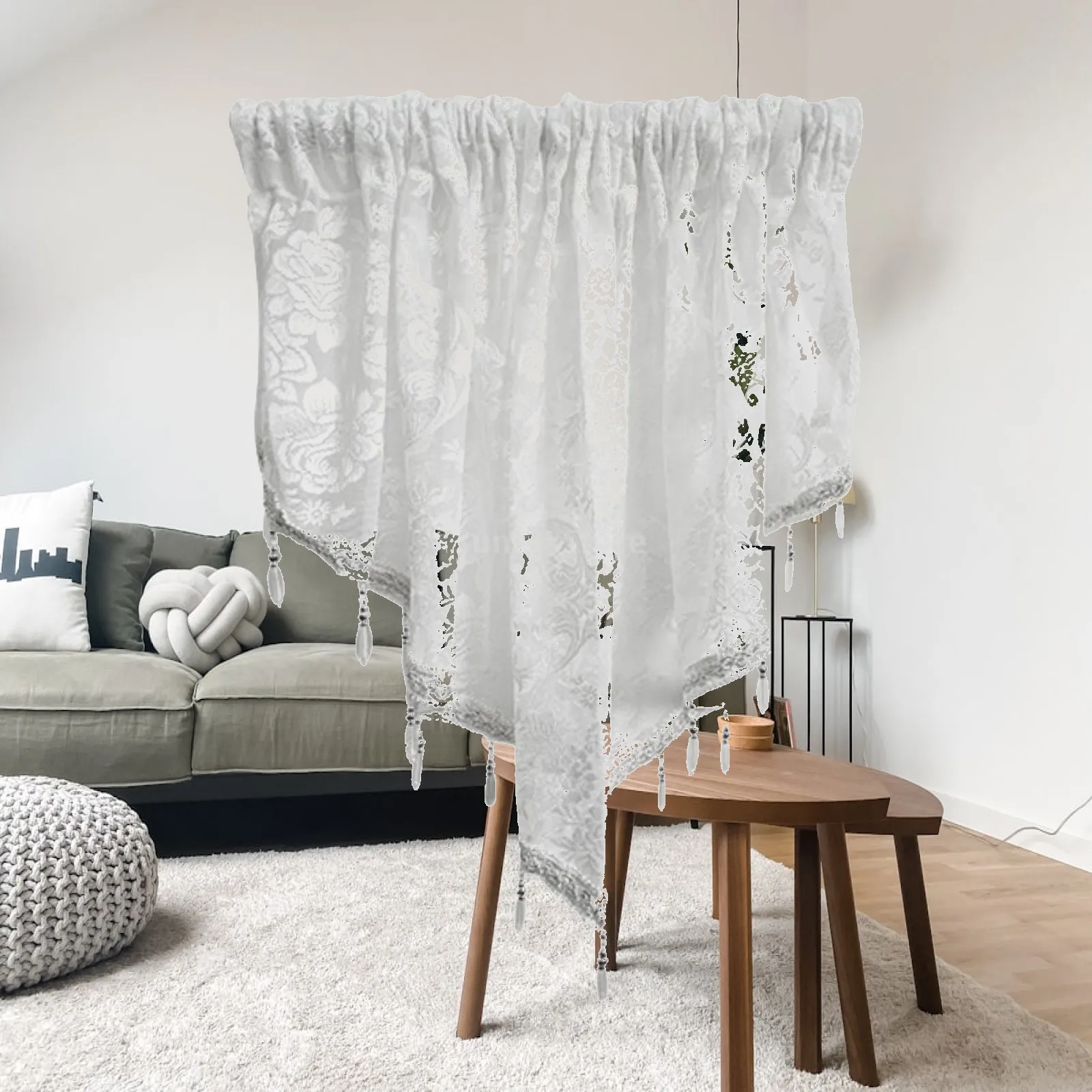 Polyester Beaded Window Valance Nordic Romantic Swag Curtain Sunlight Protection Easy Hanging for Wedding